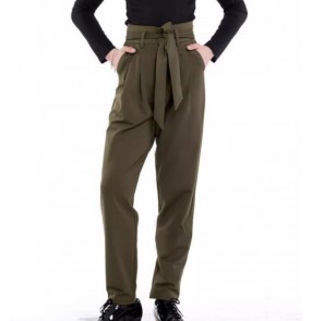  Army Green Grey black Dance Pants Adult Women Men tango ballroom Latina Dance High Waist Trousers Lace-up Practice Pants